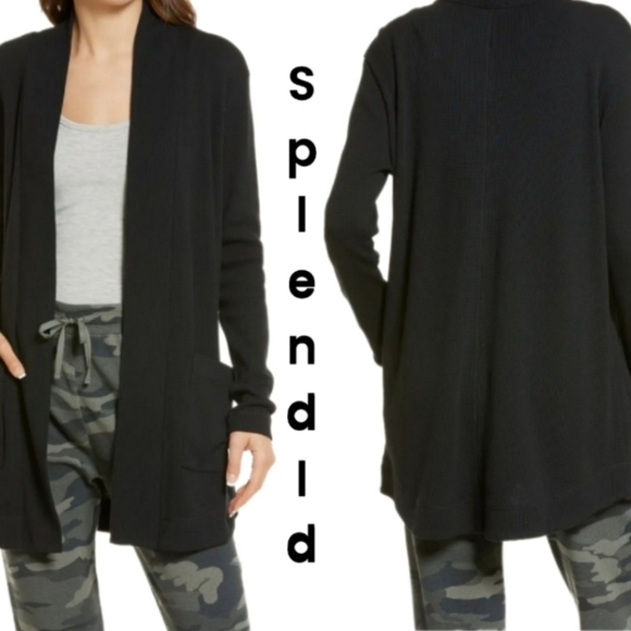 Splendid Womens Black Open Front Waffle Knit Cardigan Sweater Sz XS Casual - Picture 1 of 9